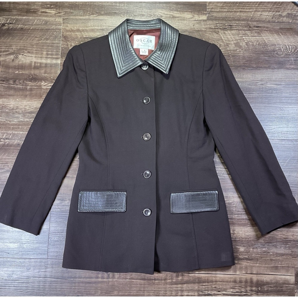 Vtg Oscar de la Renta Blazer Jacket Sz 4 Brown Wool Genuine Leather Collar Trim